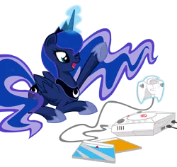 Size: 5000x4724 | Tagged: safe, artist:danmakuman, derpibooru import, princess luna, pony, gamer luna, absurd resolution, cute, game console, lunabetes, magic, one eye closed, prone, sega dreamcast, solo, telekinesis