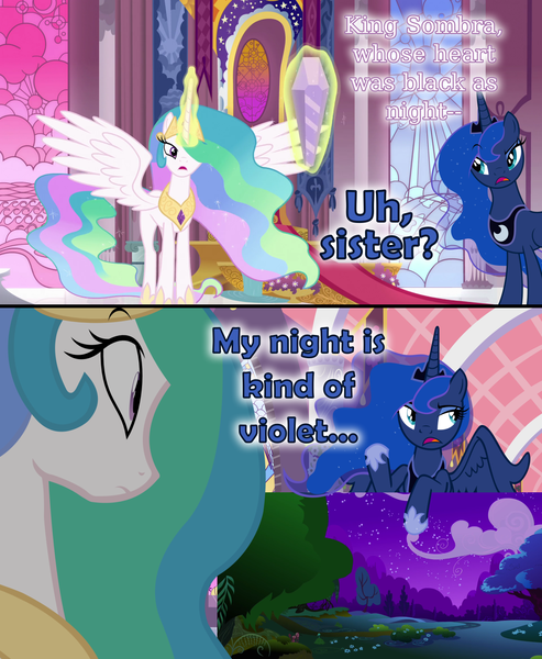 Size: 1280x1558 | Tagged: safe, derpibooru import, edit, edited screencap, screencap, princess celestia, princess luna, alicorn, pony, the crystal empire, annoyed, canterlot throne room, comic, dialogue, ethereal mane, female, heart black as night, luna is not amused, mare, poor word choice, starry mane, unamused