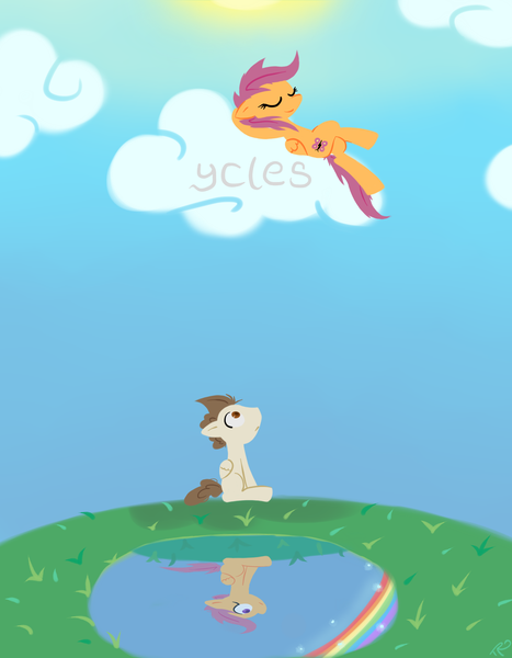 Size: 1400x1800 | Tagged: artist:therelicofowls, cover, cycles, derpibooru import, older, pound cake, rainbow, safe, scootaloo