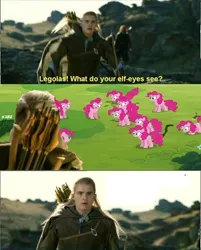 Size: 500x623 | Tagged: safe, derpibooru import, edit, edited screencap, screencap, pinkie pie, earth pony, elf, pony, too many pinkie pies, arrow, caption, clone, female, legolas, lord of the rings, male, mare, pinkie clone, quiver