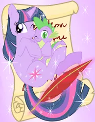 Size: 700x900 | Tagged: artist:zat, derpibooru import, pixiv, quill, safe, scroll, spike, spikelove, twilight sparkle