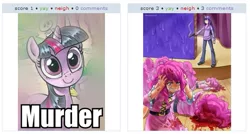 Size: 531x285 | Tagged: semi-grimdark, artist:racoonsan, derpibooru import, edit, pinkie pie, twilight sparkle, human, pony, unicorn, too many pinkie pies, abuse, blood, breasts, clone, clothes, crying, dead, exploitable meme, female, gritted teeth, gun, horned humanization, humanized, imminent death, juxtaposition, juxtaposition win, massacre, moral event horizon, multeity, murder, murderer, pants, parody, pinkie clone, pinkie clone debate, pinkiebuse, scared, scene interpretation, scene parody, shoes, shot, sweater, thousand yard stare, too much pink energy is dangerous, trigger happy twilight, weapon, wide eyes