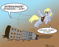 Size: 800x640 | Tagged: safe, artist:the-gneech, artist:the_gneech, derpibooru import, part of a set, derpy hooves, alien, pegasus, pony, bag, crossover, dalek, derpy being derpy, dialogue, doctor who, exterminate, female, flying, gradient background, image, implied death, mailbag, mailmare, mare, oof, oops my bad, png, speech bubble