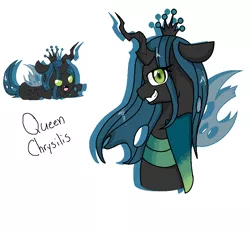 Size: 838x783 | Tagged: artist:sweetypiethefox147, bust, changeling, changeling queen, chibi, dead source, derpibooru import, female, looking at you, portrait, profile, prone, queen chrysalis, safe, simple background, smiling, solo, white background