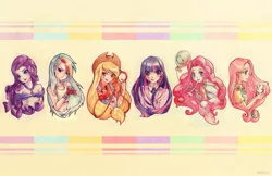 Size: 1275x825 | Tagged: angel bunny, applejack, artist:kerriwon, derpibooru import, fluttershy, humanized, mane six, pinkie pie, rainbow dash, rarity, safe, traditional art, twilight sparkle