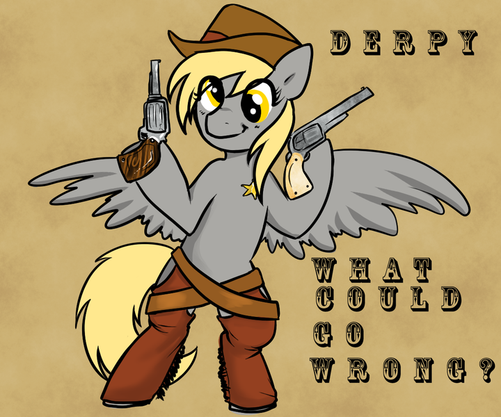 Size: 1080x900 | Tagged: safe, artist:azure-doodle, derpibooru import, derpy hooves, pegasus, pony, bipedal, dual wield, female, gun, mare, pistol, revolver, simple background, smiling, solo, spread wings, this will end in tears, weapon, wings