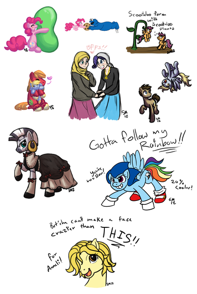 Size: 1770x2643 | Tagged: safe, artist:serenamidori, derpibooru import, big macintosh, derpy hooves, doctor whooves, fluttershy, pinkie pie, rainbow dash, rarity, scootaloo, time turner, zecora, ponified, earth pony, pegasus, pony, zebra, anneli heed, clothes, cookie, cookie monster, cosplay, costume, crossover, dress, female, hijab, humanized, islam, islamashy, plushie, simple background, sonic the hedgehog, sonic the hedgehog (series), white background