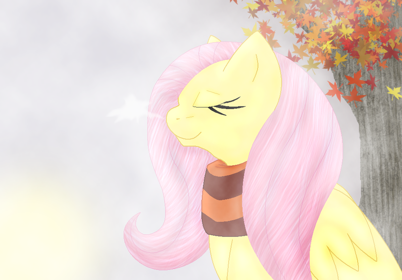 Size: 988x688 | Tagged: artist:bloodmoonwerewolf, clothes, derpibooru import, eyes closed, fluttershy, safe, scarf, solo, tree