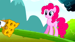 Size: 500x281 | Tagged: safe, derpibooru import, screencap, pinkie pie, earth pony, mouse, pony, too many pinkie pies, animated, cheese, clone, female, food, mare, pinkie clone