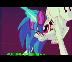 Size: 600x517 | Tagged: safe, artist:deepfriedrainbows, derpibooru import, vinyl scratch, pony, unicorn, fake screencap, female, fluffy, glasses off, glowing horn, horn, magic, mare, scan lines, solo, vhs, volume