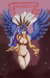 Size: 1300x2000 | Tagged: artist:sundown, belly button, breasts, busty princess luna, cleavage, derpibooru import, discord, female, from dusk till dawn, horned humanization, human, humanized, princess luna, santanico pandemonium, snake, solo, solo female, suggestive, winged humanization