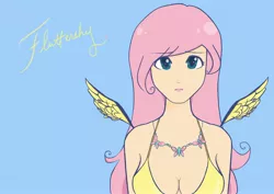 Size: 3240x2290 | Tagged: artist:naxxluv, cleavage, derpibooru import, female, fluttershy, frown, humanized, lipstick, looking at you, necklace, safe, wings
