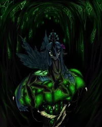 Size: 800x1000 | Tagged: safe, artist:longinius, derpibooru import, queen chrysalis, changeling, changeling queen, pony, cave, changeling hive, female, mare, prone, solo