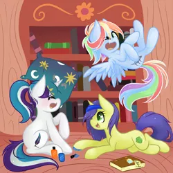 Size: 1024x1024 | Tagged: safe, artist:miss-vani, derpibooru import, oc, unofficial characters only, pegasus, pony, unicorn, book, golden oaks library, hoof polish, library, sleepover