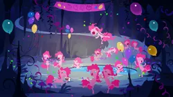 Size: 1920x1080 | Tagged: artist:cmaggot, balloon, cave, cave pool, clone, clones, derpibooru import, mirror pool, party, pinkie clone, pinkie pie, safe, too many pinkie pies