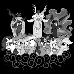 Size: 1600x1600 | Tagged: applejack, artist:havikm66, derpibooru import, discord, fluttershy, grayscale, mane six, nightmare moon, pinkie pie, queen chrysalis, rainbow dash, rarity, safe, scared, twilight sparkle