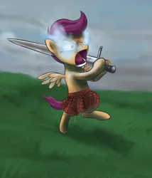 Size: 3000x3508 | Tagged: safe, artist:rautakoura, derpibooru import, scootaloo, pegasus, pony, bipedal, claymore, eyelander, female, filly, glowing eyes, highlander, imminent violence, kilt, possessed, pun, scotaloo, scottaloo, scottish, solo, sword, tartan, team fortress 2, visual pun