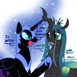 Size: 800x800 | Tagged: safe, artist:srmario, derpibooru import, nightmare moon, queen chrysalis, alicorn, changeling, changeling queen, pony, dialogue, female, looking at each other, mare, signature, simple background, transparent background