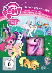 Size: 1611x2277 | Tagged: safe, derpibooru import, official, applejack, fluttershy, pinkie pie, princess celestia, rainbow dash, rarity, spike, twilight sparkle, frog, pony, brushable, cardboard twilight, cover, dvd, edel, fim logo, german, irl, mane seven, my little pony logo, photo, stock vector, toy