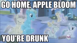 Size: 853x481 | Tagged: safe, derpibooru import, edit, edited screencap, screencap, amber waves, bright smile, castle (crystal pony), fleur de verre, glass slipper, ivory, ivory rook, opal bloom, crystal pony, pony, the crystal empire, crystal empire, go home you're drunk, hub logo, image macro, meme