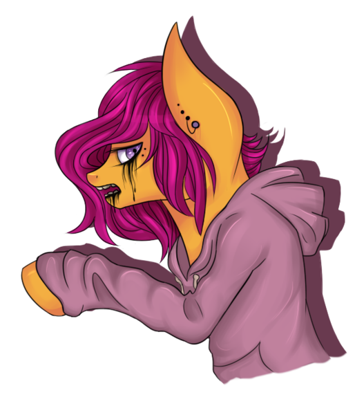 Size: 600x700 | Tagged: artist:cloudbrownie, blood, clothes, derpibooru import, mascara, piercing, running makeup, safe, scootaloo, simple background, solo, transparent background