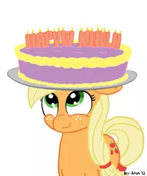Size: 559x673 | Tagged: safe, artist:aa, derpibooru import, applejack, earth pony, pony, birthday cake, cake, hapvw mnulh milnum nim, written equestrian