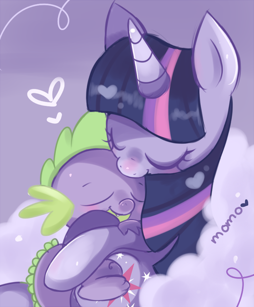 Size: 600x724 | Tagged: safe, artist:ipun, derpibooru import, spike, twilight sparkle, dragon, pony, unicorn, baby, baby dragon, cloud, cuddling, cute, cutie mark, daaaaaaaaaaaw, diabetes, eyes closed, female, heart, hnnng, horn, hug, male, mama twilight, mare, on back, signature, smiling, snuggling, spikabetes, spikelove, twiabetes, unicorn twilight, weapons-grade cute