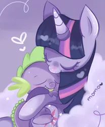 Size: 600x724 | Tagged: safe, artist:ipun, derpibooru import, spike, twilight sparkle, dragon, pony, unicorn, baby, baby dragon, cloud, cuddling, cute, cutie mark, daaaaaaaaaaaw, diabetes, eyes closed, female, heart, hnnng, horn, hug, male, mama twilight, mare, on back, signature, smiling, snuggling, spikabetes, spikelove, twiabetes, unicorn twilight, weapons-grade cute