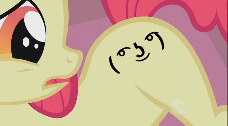 Size: 864x478 | Tagged: safe, derpibooru import, edit, edited screencap, screencap, apple bloom, earth pony, pony, female, filly, le lenny face, looking back, solo