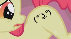 Size: 864x478 | Tagged: safe, derpibooru import, edit, edited screencap, screencap, apple bloom, earth pony, pony, female, filly, le lenny face, looking back, solo