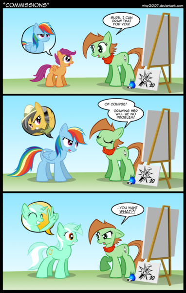 Size: 800x1258 | Tagged: safe, artist:wisp2007, derpibooru import, daring do, lyra heartstrings, rainbow dash, scootaloo, oc, oc:key lime, earth pony, pegasus, pony, unicorn, comic, easel, hand, painter, that pony sure does love hands