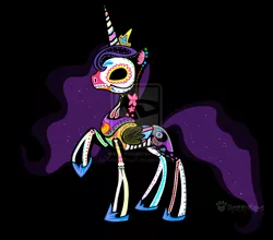 Size: 1024x903 | Tagged: artist:licoricebunny, black background, dead source, derpibooru import, deviantart watermark, dia de los muertos, obtrusive watermark, princess luna, safe, simple background, solo, sugar skull, watermark