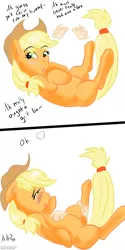 Size: 1000x2000 | Tagged: applejack, artist:makoruu, bellyrubs, blushing, comic, derpibooru import, hand, human, on back, safe