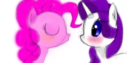 Size: 900x450 | Tagged: artist:fedorabow, derpibooru import, female, imminent kissing, lesbian, pinkie pie, raripie, rarity, safe, shipping