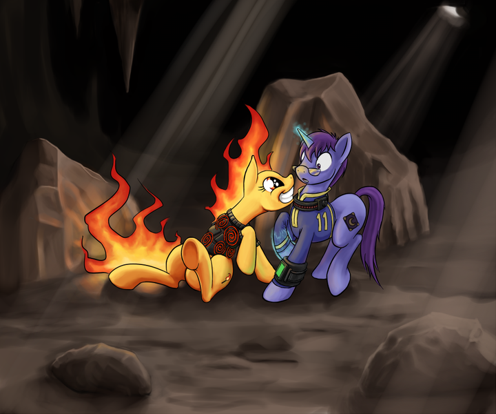 Size: 990x825 | Tagged: artist:kalemon, derpibooru import, duo, eye contact, fallout equestria, fallout equestria: morality of property, foe yay, glasses, grin, magic, mane of fire, oc, oc:matchstick flare, oc:shimmercoat, raised hoof, safe, sitting, smiling, underhoof, unofficial characters only, wide eyes