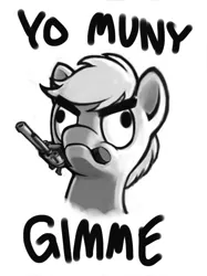 Size: 427x570 | Tagged: artist:kalemon, derpibooru import, fallout equestria, /foe/, grayscale, gun, money, monochrome, mouth hold, muny, oc, oc:muny, raider, safe, solo, unofficial characters only