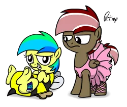 Size: 1024x870 | Tagged: safe, artist:petirep, derpibooru import, oc, oc:aurora, oc:aurora dawn, oc:orion comet, unofficial characters only, bee, pegasus, pony, animal costume, ballerina, bee costume, clothes, colt, costume, crossdressing, cute, dress, female, filly, frilly dress, leotard, male, mrs. buzzy, nightmare night, on back, petticoat, simple background, toast, transparent background, tutu, underhoof