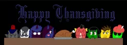 Size: 1024x365 | Tagged: safe, artist:thelordofdust, derpibooru import, oc, oc:maneia, unofficial characters only, bird, pony, turkey, cooked, dead, food, group, meat, obsession is magic, ponies eating meat, thanksgiving