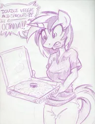 Size: 500x647 | Tagged: angry, anthro, artist:trollie trollenberg, derpibooru import, monochrome, pizza, safe, solo, traditional art, vinyl scratch