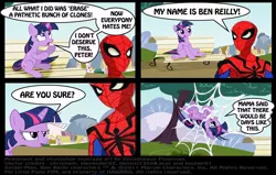 Size: 812x516 | Tagged: safe, artist:ponymaan, derpibooru import, twilight sparkle, bench, clone, clones, comic, crossover, ponyville, speech bubble, spider-man, wat