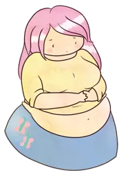 Size: 372x528 | Tagged: safe, artist:nyatto, derpibooru import, fluttershy, human, bbw, belly, belly button, blushing, chubby, clothes, fat, fattershy, humanized, image, midriff, muffin top, png, simple background, skirt, solo, transparent background