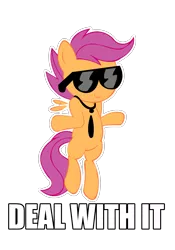 Size: 1200x1716 | Tagged: artist:sauec, deal with it, derpibooru import, image macro, necktie, safe, scootaloo, scootaswag, shrug, simple background, solo, sunglasses, transparent background