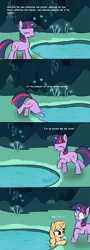 Size: 650x1800 | Tagged: safe, artist:rodolfomushi, derpibooru import, twilight sparkle, oc, oc:taralicious, ponified, unicorn, cave, cave pool, comic, mirror pool, tara strong, unicorn twilight