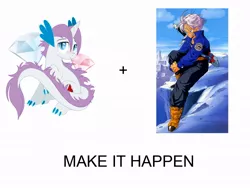 Size: 1024x768 | Tagged: all caps, derpibooru import, dracony, dragon ball, dragon ball z, exploitable meme, future trunks, hybrid, interspecies offspring, make it happen, meme, mirai trunks, oc, oc:gem, offspring, parent:rarity, parent:spike, parents:sparity, safe, trunks, unofficial characters only