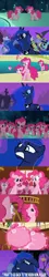 Size: 500x2790 | Tagged: balloon fingers, clone, comic, derpibooru import, edit, edited screencap, floppy ears, image macro, luna eclipsed, pinkie clone, pinkie pie, ponies riding ponies, princess luna, safe, screencap, screencap comic, too many pinkie pies