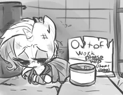 Size: 1650x1275 | Tagged: artist:tess, begging, dead source, derpibooru import, hobo, homeless, monochrome, rarity, sad, safe, sketch, solo