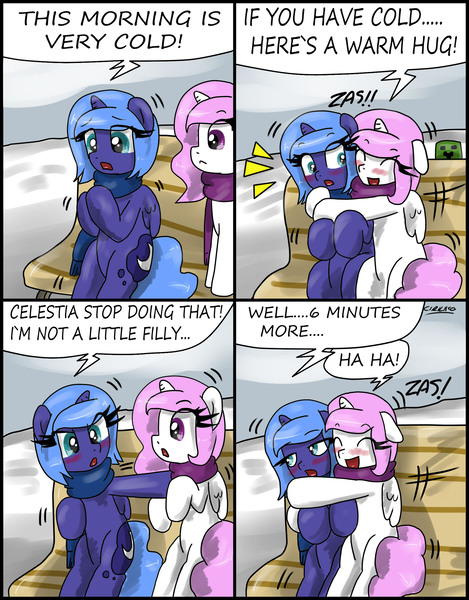 Size: 1862x2383 | Tagged: ..., artist:ciriliko, blushing, cewestia, clothes, cold, comic, creeper, cute, derpibooru import, engrish, eyes closed, female, filly, grammar error, hug, laughing, looking away, park bench, pink-mane celestia, princess celestia, princess luna, pushing, safe, scarf, shivering, sitting, snow, speed lines, surprised, tsundere, tsunderuna, woona, younger, zas