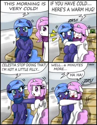 Size: 1862x2383 | Tagged: ..., artist:ciriliko, blushing, cewestia, clothes, cold, comic, creeper, cute, derpibooru import, engrish, eyes closed, female, filly, grammar error, hug, laughing, looking away, park bench, pink-mane celestia, princess celestia, princess luna, pushing, safe, scarf, shivering, sitting, snow, speed lines, surprised, tsundere, tsunderuna, woona, younger, zas