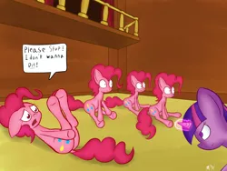 Size: 2000x1506 | Tagged: safe, artist:mostlyponyart, derpibooru import, pinkie pie, twilight sparkle, earth pony, pony, unicorn, too many pinkie pies, begging, butt, clone, female, imminent death, imminent murder, mare, on back, pinkie clone, pinkie clone debate, plot