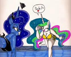 Size: 1528x1231 | Tagged: adorasexy, anthro, artist:newyorkx3, big breasts, bikini, breasts, busty princess celestia, busty princess luna, camera, cleavage, clothes, cute, derpibooru import, dialogue, female, gritted teeth, heart, princess celestia, princess luna, sexy, suggestive, swimming pool, swimsuit, traditional art, trollestia